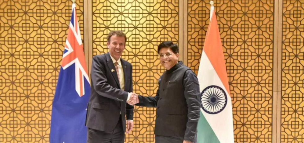 Indian Commerce and Industry Minister Piyush Goyal (right) with his Australian counterpart Dan Tehan in New Delhi.