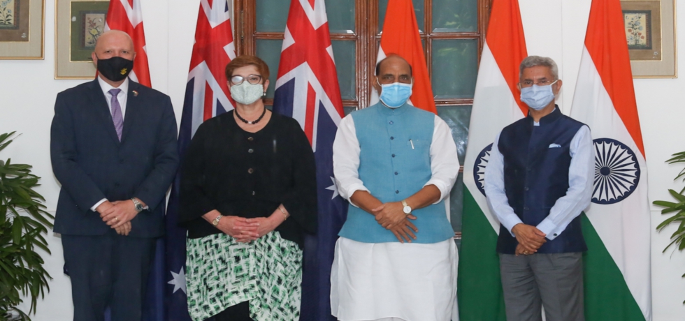 Indian Minister of Defence, Shri Rajnath Singh, and Minister of External Affairs, Dr. S. Jaishankar and Australian Minister for Foreign Affairs and Minister for Women, Senator the Hon Marise Payne, and Minister for Defence, the Hon Peter Dutton MP during the first India-Australia 2+2 Ministerial Dialogue at New Delhi.