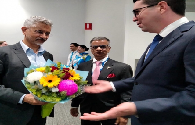 External Affairs Minister of India, arrives at Perth to attend the Indian Ocean Conference.